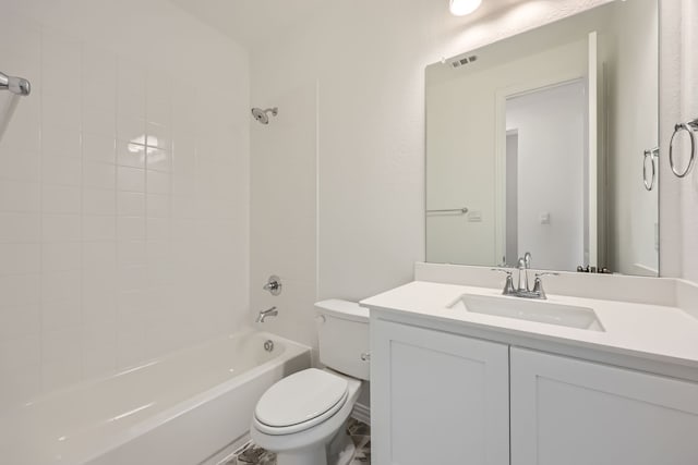 full bathroom with toilet, tiled shower / bath combo, and vanity