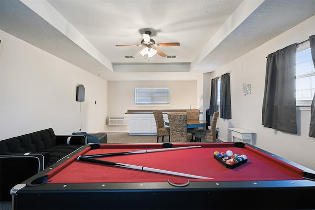 game room featuring billiards, carpet flooring, ceiling fan, and a tray ceiling