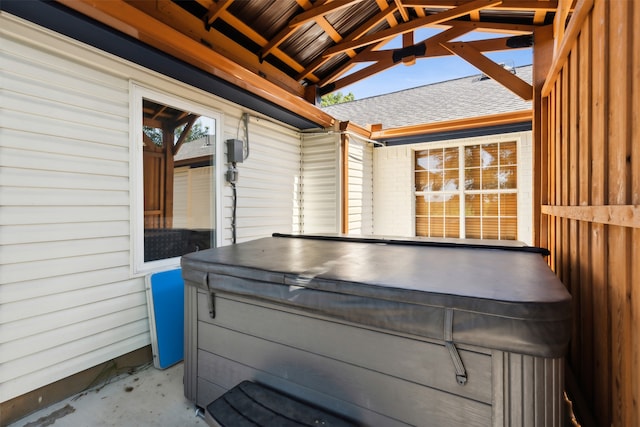 view of patio featuring a hot tub