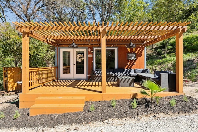 exterior space featuring a deck, an outdoor living space, french doors, and a pergola