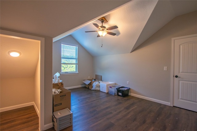 additional living space with lofted ceiling, ceiling fan, and dark hardwood / wood-style floors