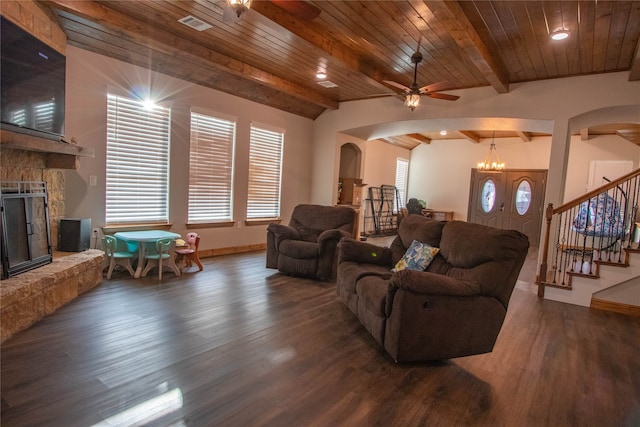 living room featuring dark wood-type flooring, ceiling fan with notable chandelier, wooden ceiling, and a fireplace