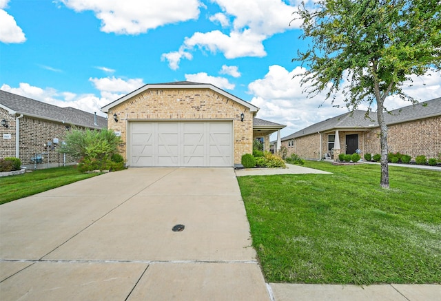 ranch-style house with a garage and a front lawn