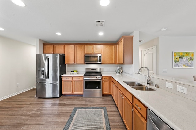 kitchen with dark wood-type flooring, sink, and appliances with stainless steel finishes