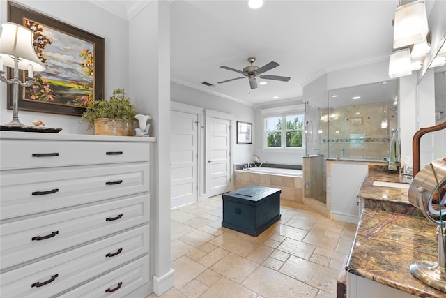 bathroom featuring vanity, ceiling fan, ornamental molding, and plus walk in shower