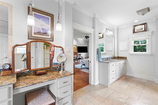 bathroom with vanity, ceiling fan, ornamental molding, and wood-type flooring