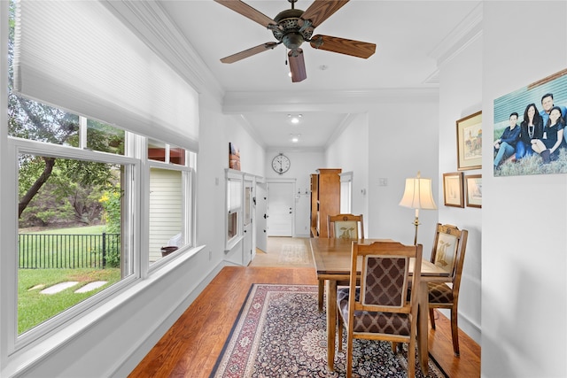 interior space with ceiling fan, light hardwood / wood-style floors, and crown molding