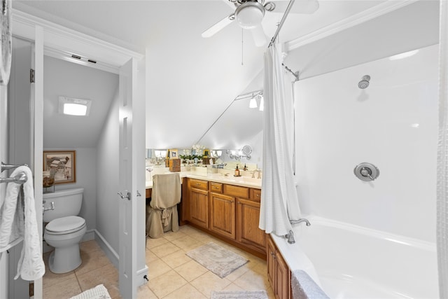 full bathroom featuring vanity, shower / bath combination with curtain, toilet, tile patterned floors, and ceiling fan