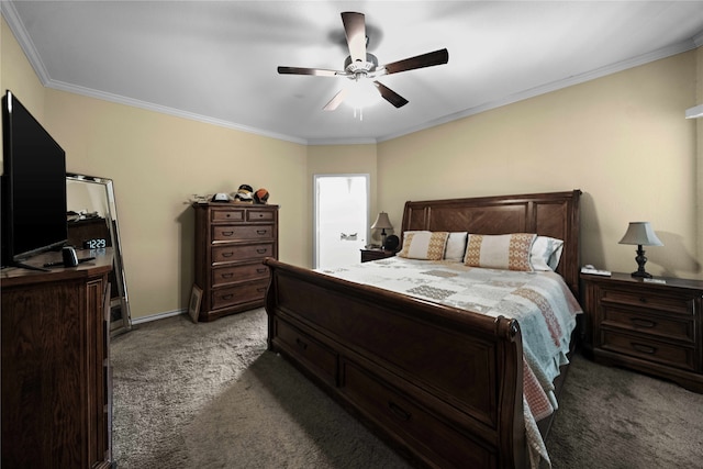 carpeted bedroom featuring ornamental molding and ceiling fan