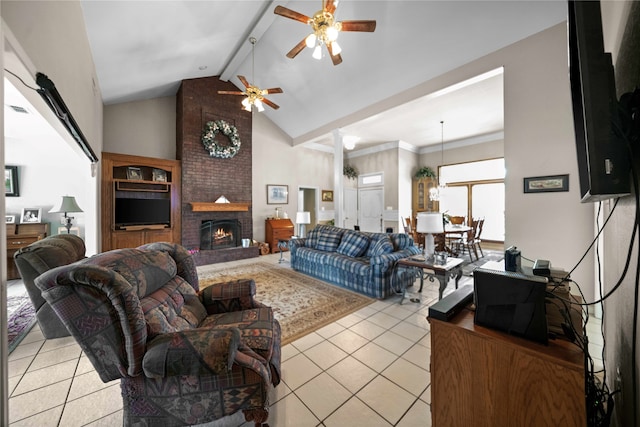 living room with a fireplace, light tile patterned floors, beam ceiling, high vaulted ceiling, and ceiling fan