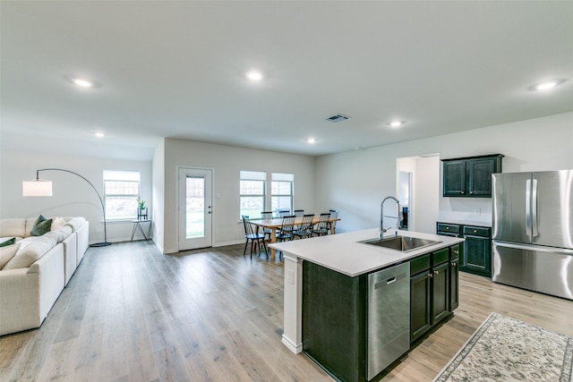 kitchen with visible vents, a sink, open floor plan, appliances with stainless steel finishes, and green cabinets