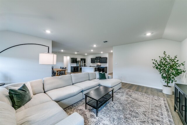 living room featuring lofted ceiling and wood-type flooring