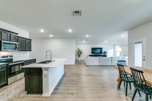 kitchen with appliances with stainless steel finishes, sink, a center island with sink, and light wood-type flooring