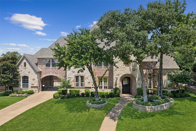 view of front of home featuring stone siding, brick siding, a front yard, and a gate