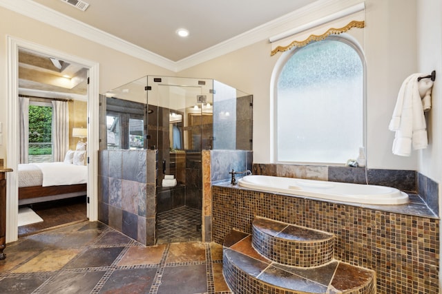 bathroom with ornamental molding and plus walk in shower