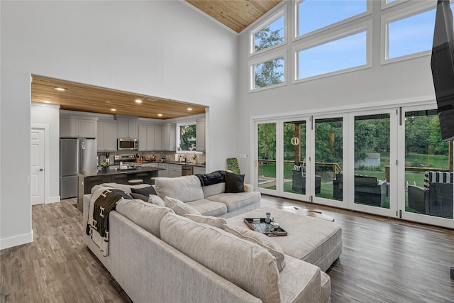 living room featuring dark hardwood / wood-style floors, sink, high vaulted ceiling, and wooden ceiling