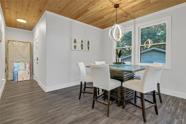 dining room with dark wood-type flooring, crown molding, and wooden ceiling