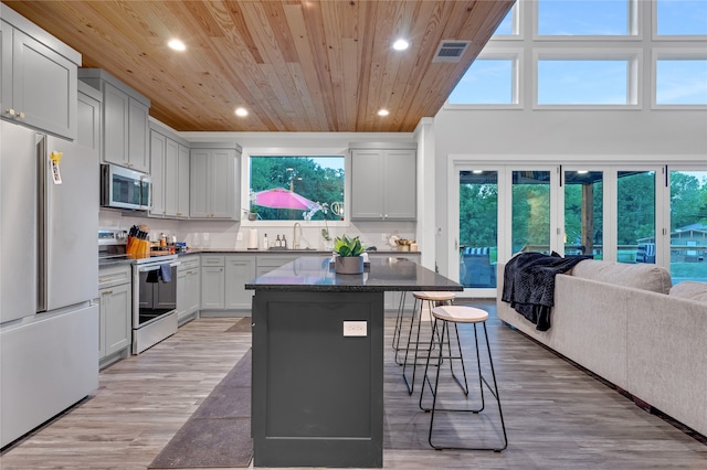 kitchen featuring a kitchen island, stainless steel appliances, a healthy amount of sunlight, and a breakfast bar area