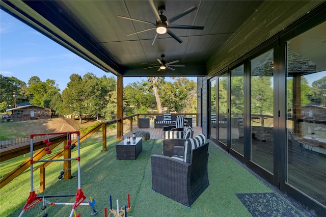 view of patio / terrace with ceiling fan and an outdoor hangout area