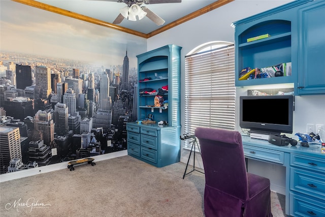 office space with light carpet, ceiling fan, and ornamental molding