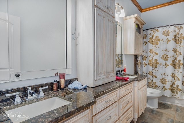 full bathroom featuring toilet, vanity, ornamental molding, and shower / bathtub combination with curtain