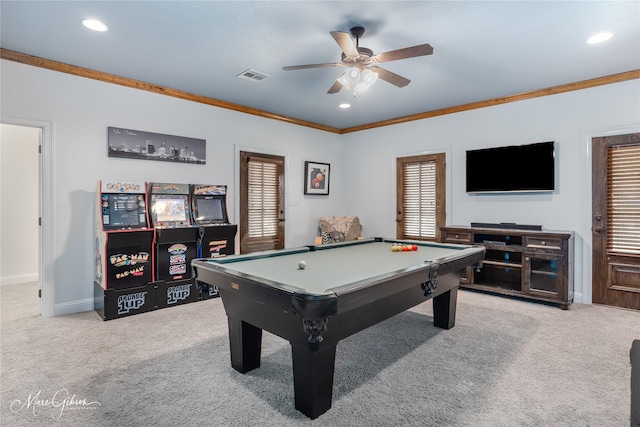 recreation room featuring light carpet, ceiling fan, pool table, and crown molding