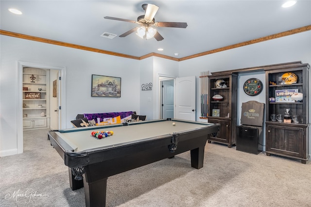 rec room featuring ceiling fan, light colored carpet, pool table, and ornamental molding