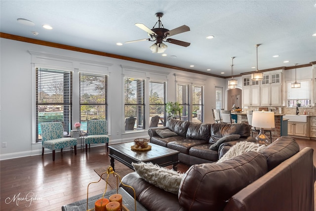 living room with ceiling fan, crown molding, and dark hardwood / wood-style floors