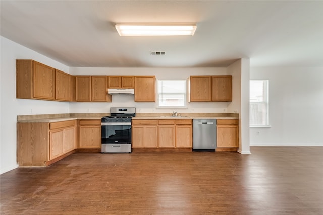 kitchen with stainless steel appliances, sink, and dark hardwood / wood-style flooring