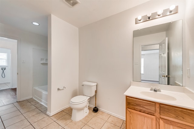 full bathroom with vanity, toilet, shower / tub combination, and tile patterned floors