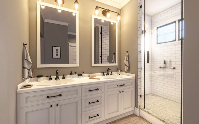 bathroom with walk in shower, crown molding, and vanity