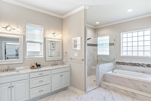 bathroom with independent shower and bath, crown molding, and vanity