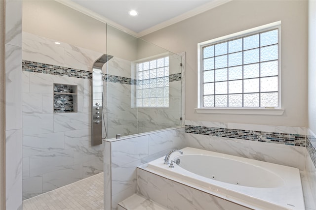 bathroom with independent shower and bath and ornamental molding