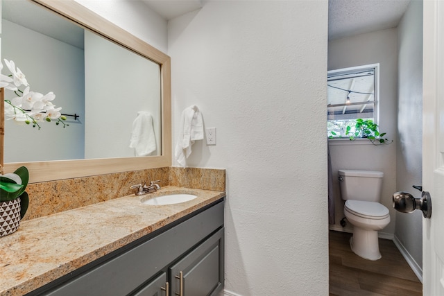 bathroom with toilet, hardwood / wood-style flooring, and vanity