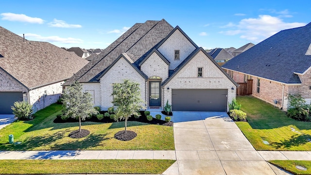 french country home with a front lawn and a garage