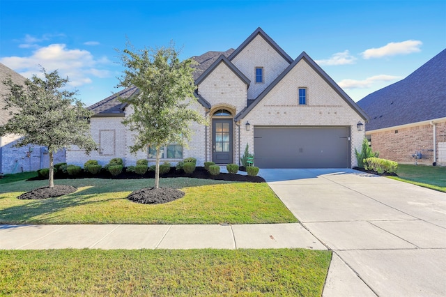 french country style house featuring a front lawn and a garage