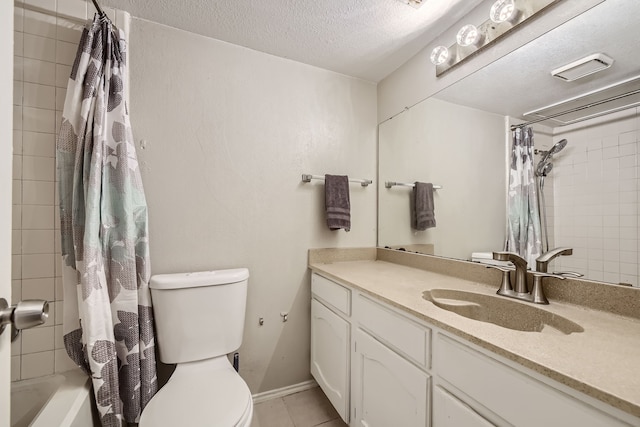 full bathroom with a textured ceiling, toilet, shower / bath combo with shower curtain, vanity, and tile patterned flooring