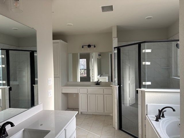 bathroom featuring plus walk in shower and vanity