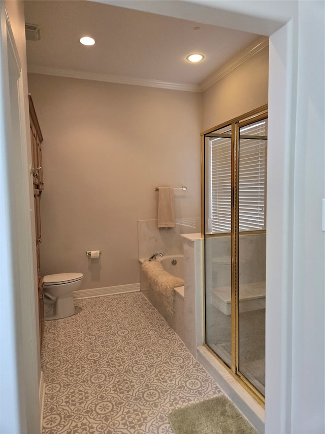 bathroom with toilet, shower with separate bathtub, and crown molding