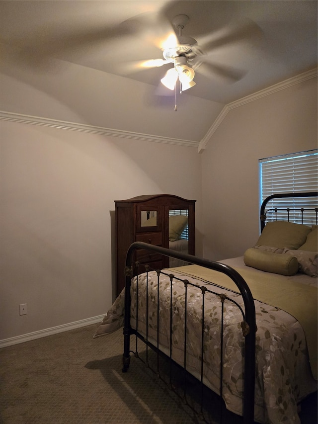 bedroom with lofted ceiling, carpet flooring, ceiling fan, and ornamental molding