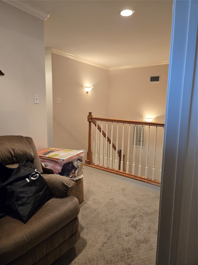 carpeted living room featuring crown molding