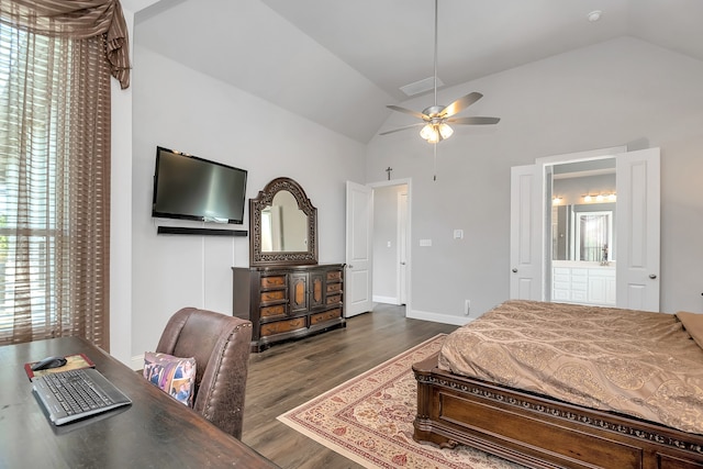 bedroom with ceiling fan, lofted ceiling, dark hardwood / wood-style flooring, and ensuite bathroom