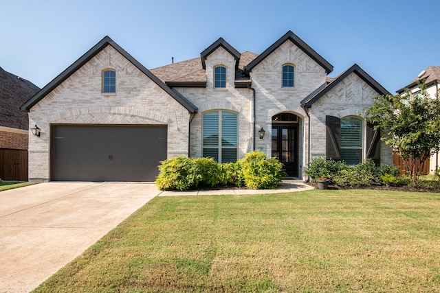 french country inspired facade with french doors, a garage, and a front lawn