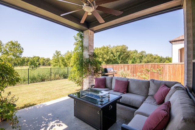 view of patio / terrace with a grill, an outdoor hangout area, and ceiling fan