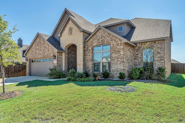 view of front of property with a garage and a front lawn