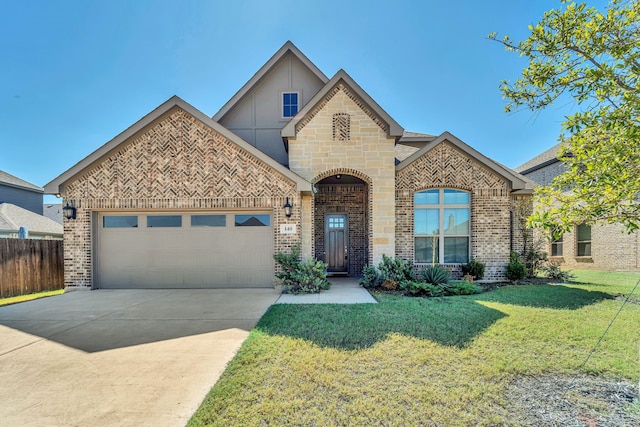 view of front facade with a front yard and a garage