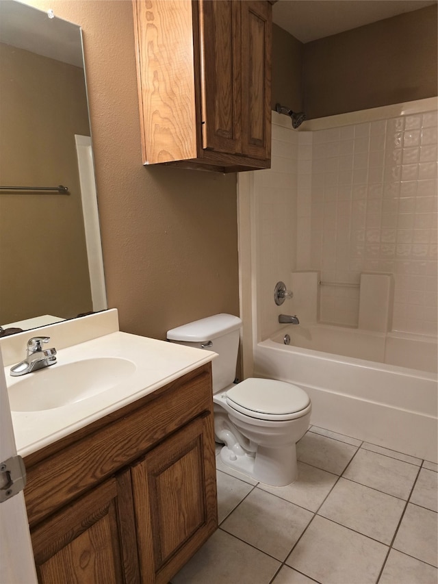 full bathroom with shower / tub combination, tile patterned flooring, toilet, and vanity