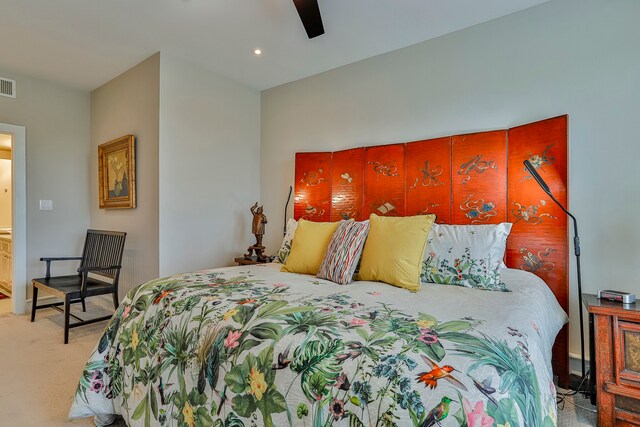 bedroom with ceiling fan and carpet