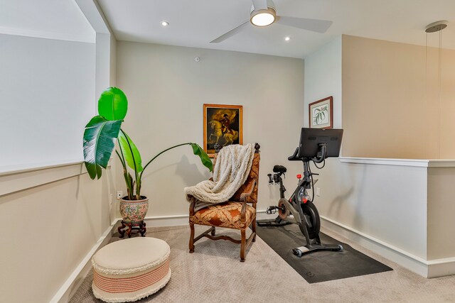 workout area with ceiling fan and carpet floors