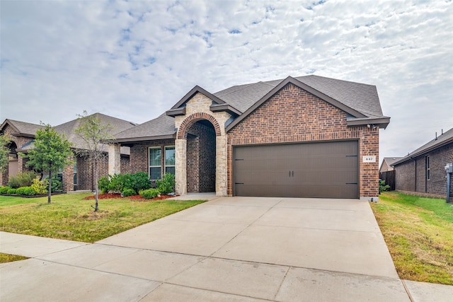 view of front facade with a garage and a front yard